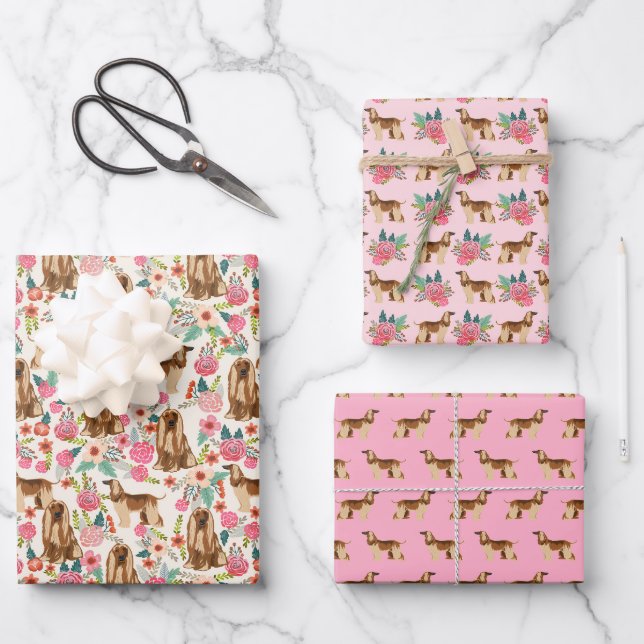 Afghanischer Hund Hund Niedlich rosa Flora Geschenkpapier Set (Vorderseite)