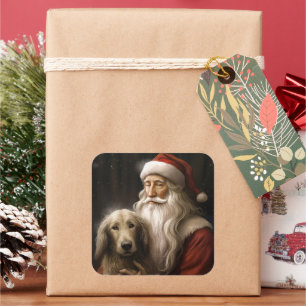 Afghanischer Hund mit Weihnachtsmann Weihnachten Quadratischer Aufkleber