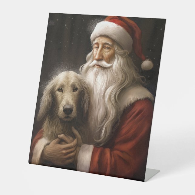 Afghanischer Hund mit Weihnachtsmann Weihnachten Sockelschild (Vorderseite)