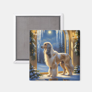 Afghanischer Windhund mit Weihnachtslichtern Feier Magnet