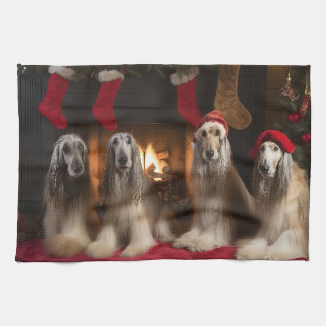 Afghanisches Hound am Feuerplatz Weihnachten Geschirrtuch (Horizontal)