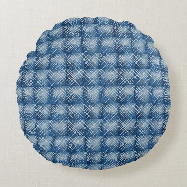 Africa Denim Indigo Mudcloth Muster 1 Rundes Kissen (Vorderseite)