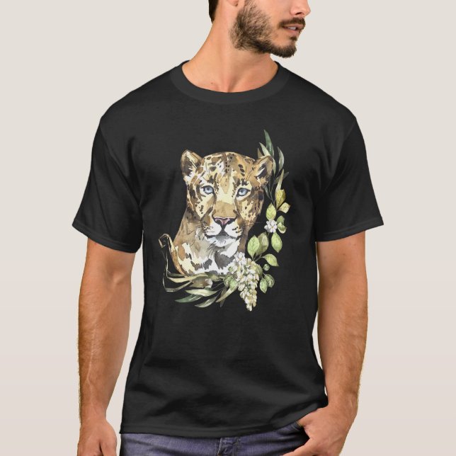 Africa Leopard I Big Cat I Wildblumen I Watercolo T-Shirt (Vorderseite)