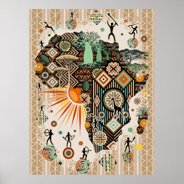Africa Map Decorative Tribal Elements Pattern Poster (Vorne)