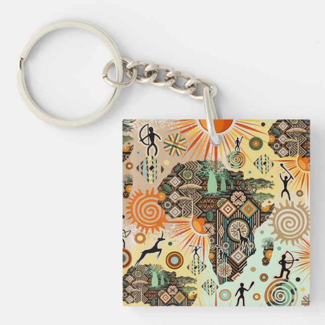 Africa Map Decorative Tribal Elements Pattern Schlüsselanhänger (Vorderseite)