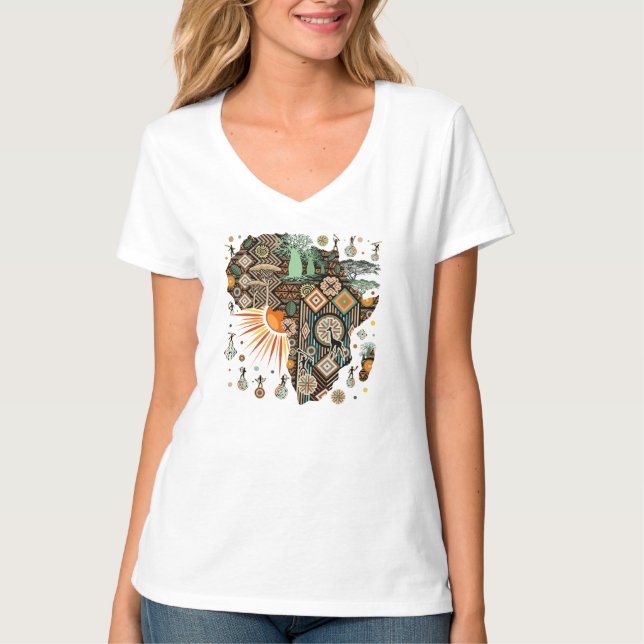 Africa Map Decorative Tribal Elements Pattern T-Shirt (Vorderseite)