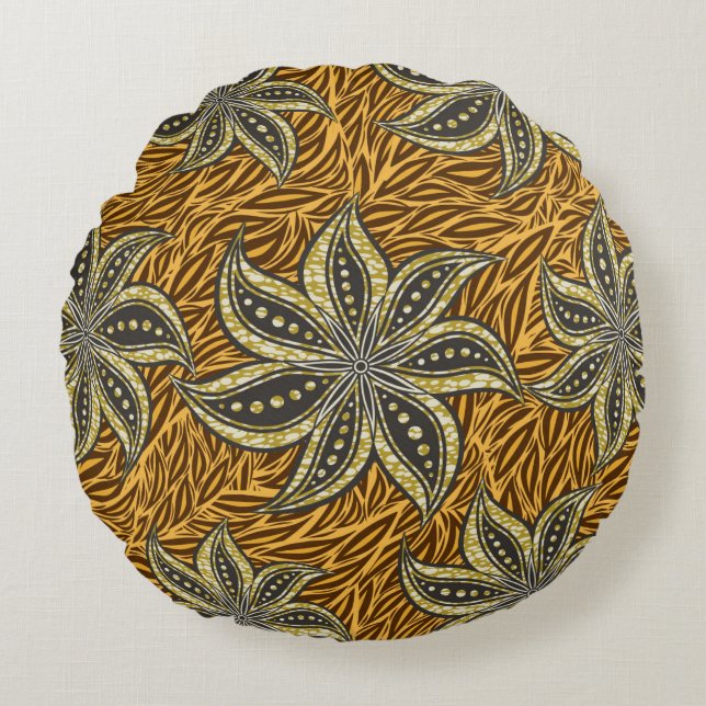 African Abstrakt Floral Batik Style Rundes Kissen (Vorderseite)