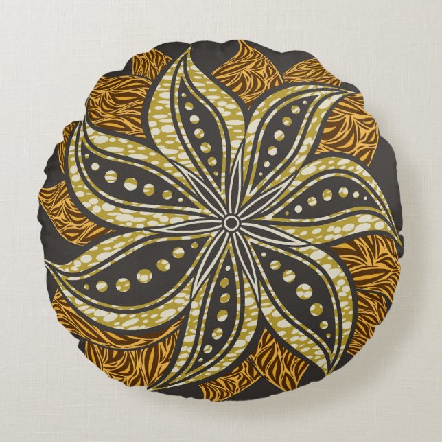 African Abstrakt Floral Batik Style Rundes Kissen (Vorderseite)