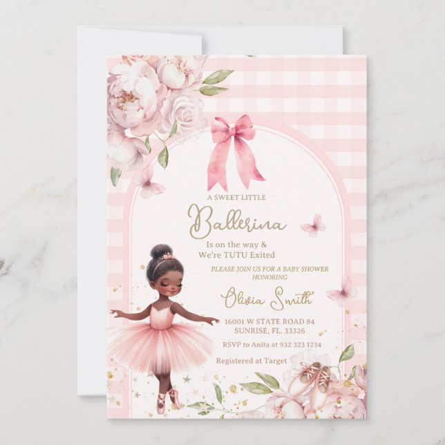 African America Ballerina Gingham Arch Baby Shower Einladung (Vorderseite)