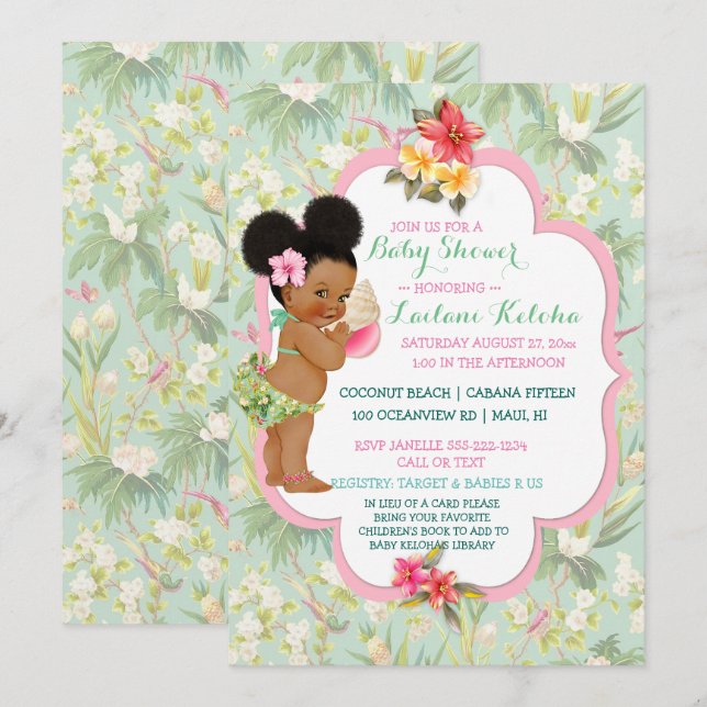 African American Baby Tropical Luau Hawaiian Einladung (Vorne/Hinten)