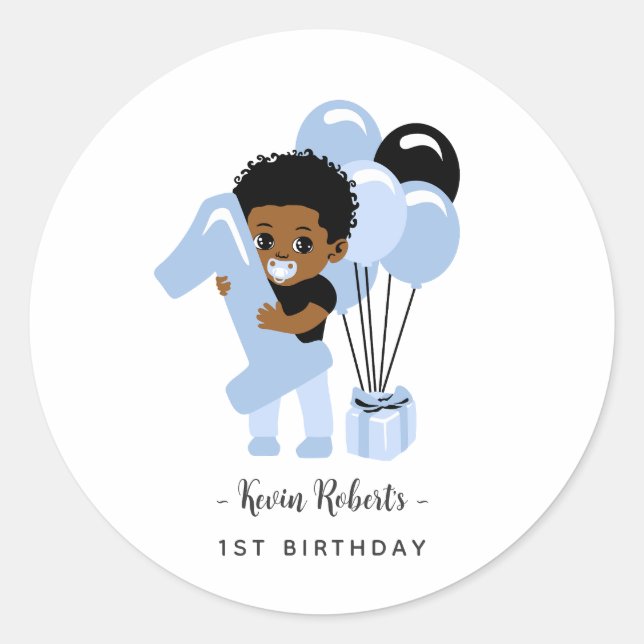 African American Blue Baby Boy 1st Birthday   Runder Aufkleber (Vorderseite)