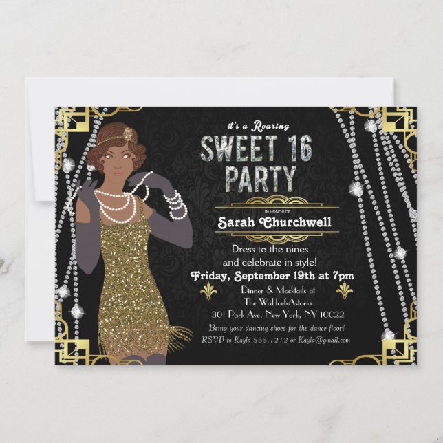 African American Flapper Sweet 16 Invitation (Devant)