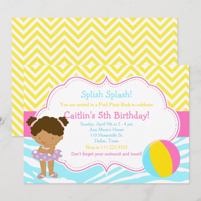 African American Girl Pool Party Bash Party Einladung (Vorne/Hinten)