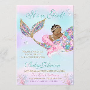 African AMerican Mermaid Baby SHower Glitzer Schwa Einladung