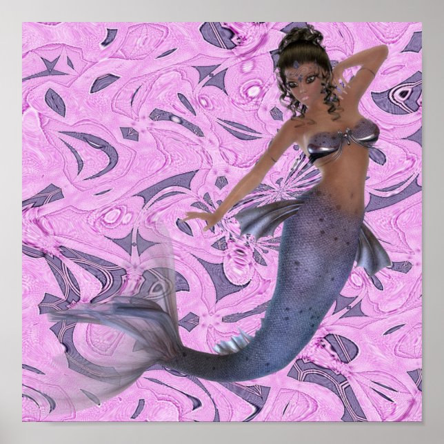 African American Mermaid on Fractal Print Poster (Vorne)
