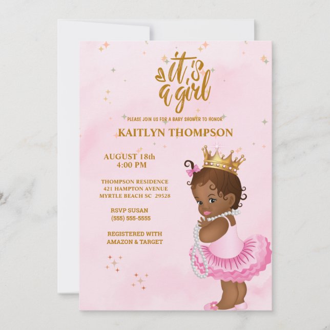  African American Pink Gold Princess Baby Shower Einladung (Vorderseite)