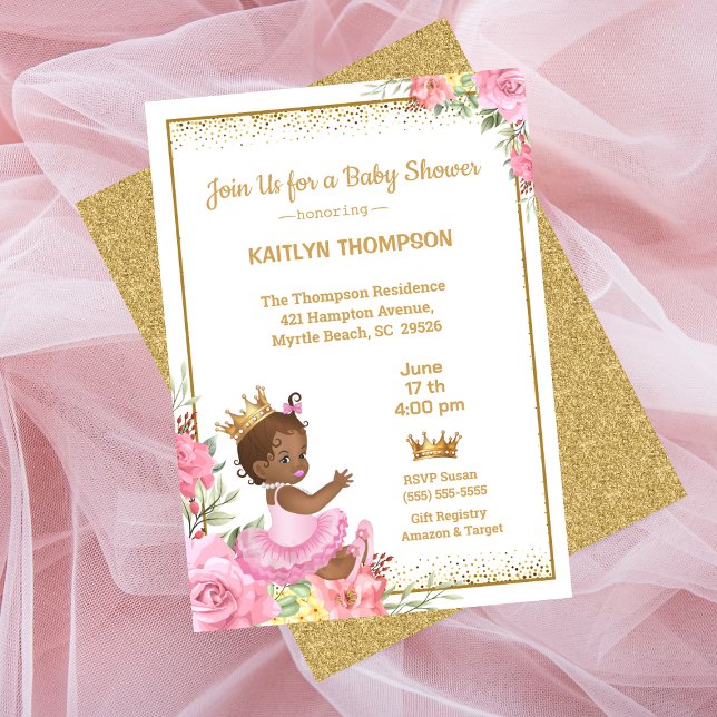  African American Pink Gold Princess Baby Shower Einladung (Von Creator hochgeladen)