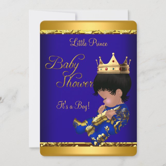African American Prince Baby Shower Blue Gold Boy Einladung (Vorderseite)