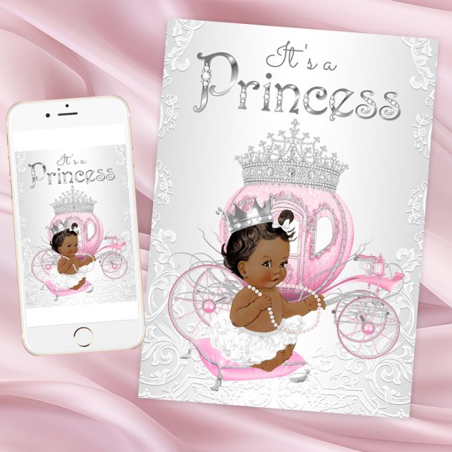 African American Princess Baby Shower Invitations (African American princess baby shower invitation. Pink silver princess. Instant download and printed)