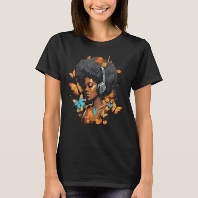 African American Woman Black Girl Headphones Butte T-Shirt (Vorderseite)