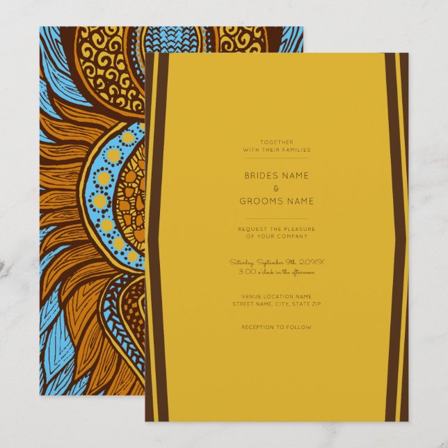 African Ankara Aqua Gold Floral Wedite Einladung (Vorne/Hinten)