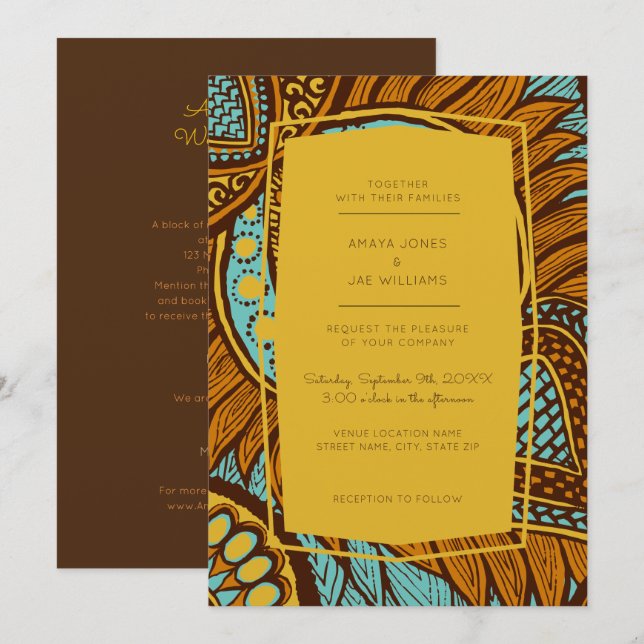 African Ankara Aquamarin Floral Wedding Einladung (Vorne/Hinten)