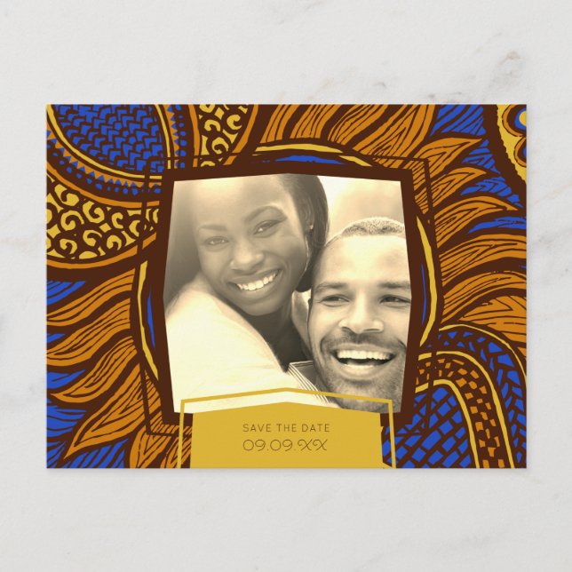 African Ankara Blue Gold Floral Save the Date Ankündigungspostkarte (Vorderseite)