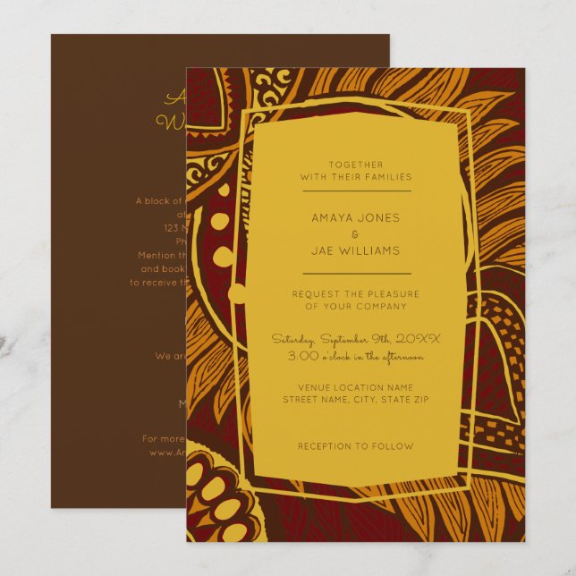 African Ankara Maroon Floral Wedding Einladung (Vorne/Hinten)