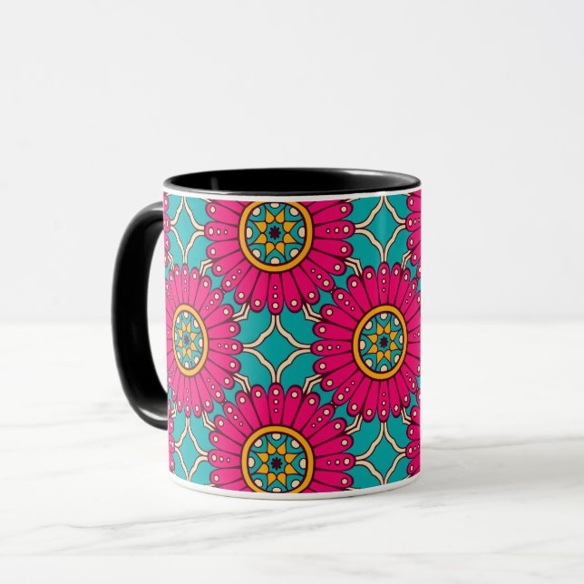 African Ankara Print Magenta & Aquamarin Tasse (Vorderseite Links)
