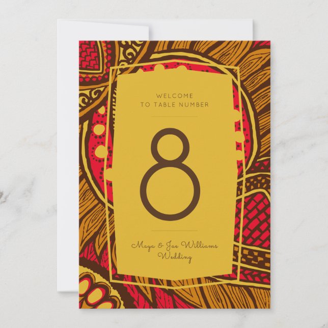 African Ankara Red Gold Floral Tischnummer (Vorderseite)
