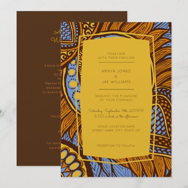 African Ankara Sky Blue Floral Wedding Einladung (Vorne/Hinten)