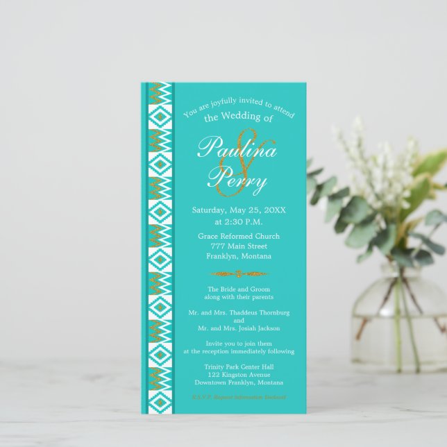 African Aqua Aquamarin Blue Kente Wedding Einladun (Stehend Vorderseite)