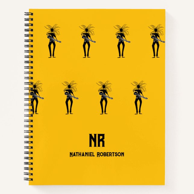 African Art, Silhouette Guitarist Pattern Notizbuch (Vorderseite)