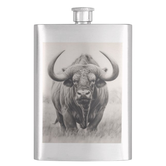 African Buffalo Pencil Zeichnend Flachmann (Vorderseite)