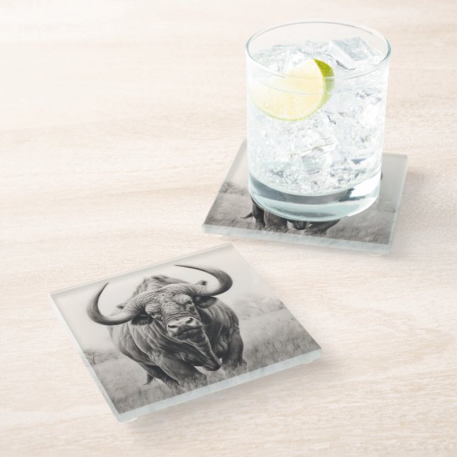 African Buffalo Pencil Zeichnend Glasuntersetzer (Schrägansicht)