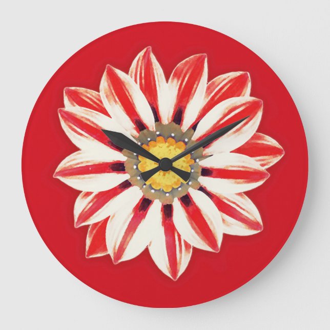 African Daisy / Gazania - Rot und Weiß gestreift Große Wanduhr (Vorderseite)