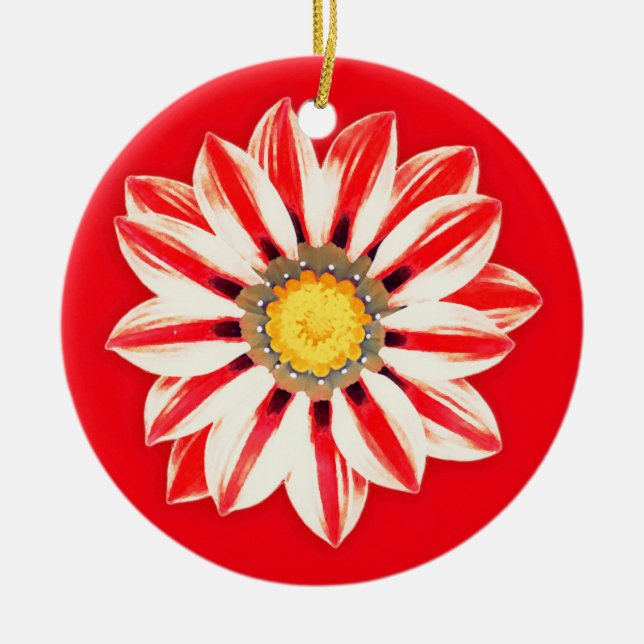 African Daisy / Gazania - Rot und Weiß gestreift Keramik Ornament (Vorne)