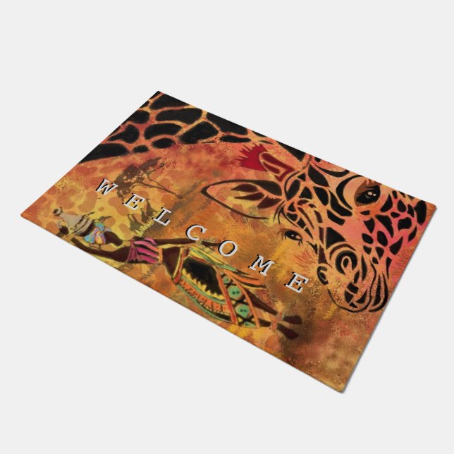 African Girl and Giraffe - Freunde - Willkommen Fußmatte (Schrägansicht)