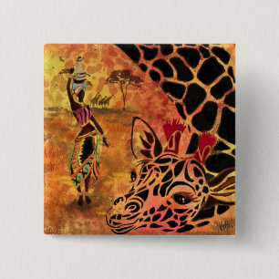 African Girl and Giraffe - Friends - Art Zeichn - Button