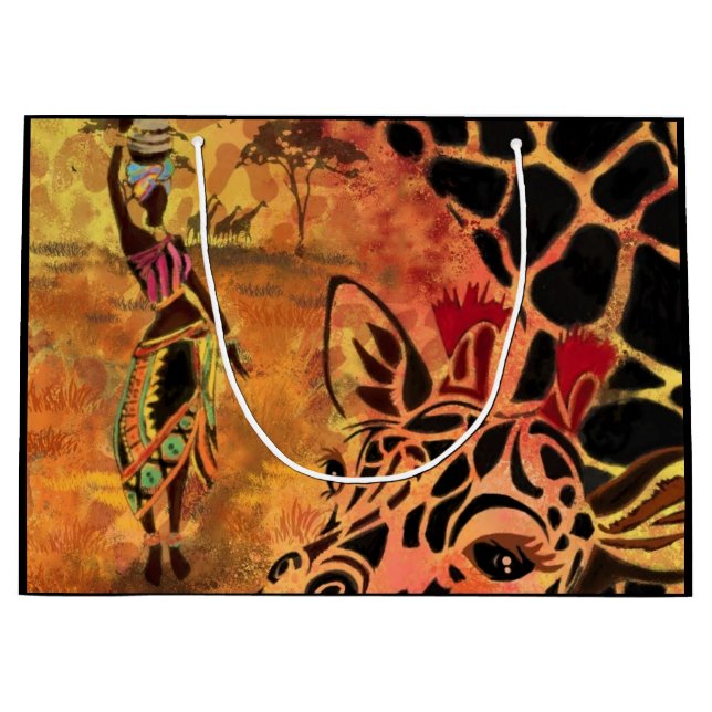 African Girl and Giraffe - Friends - Kunst Zeichne Große Geschenktüte (Vorderseite)