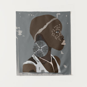 African Girl Portrait Line Art Tapestry Wandteppich