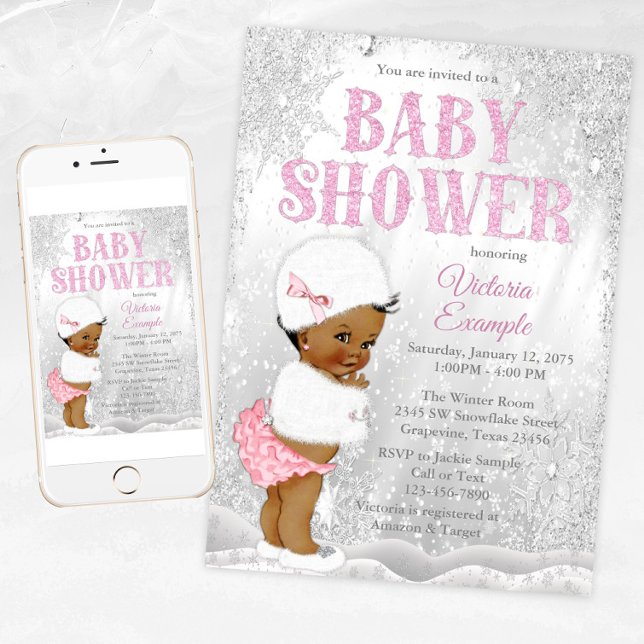 African Girl Winter Wonderland Baby Shower Einladung (Girl winter wonderland baby shower invitation with African baby girl. For instant download & Print.)