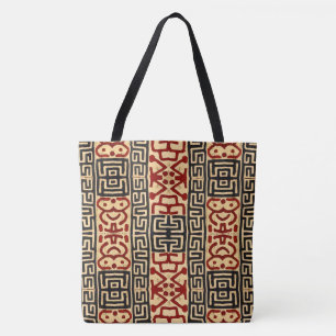 African Kuba Print Tasche in Tan, Black and Red