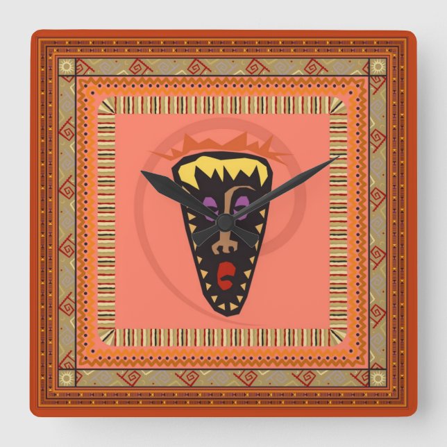 African mask quadratische wanduhr (Vorderseite)