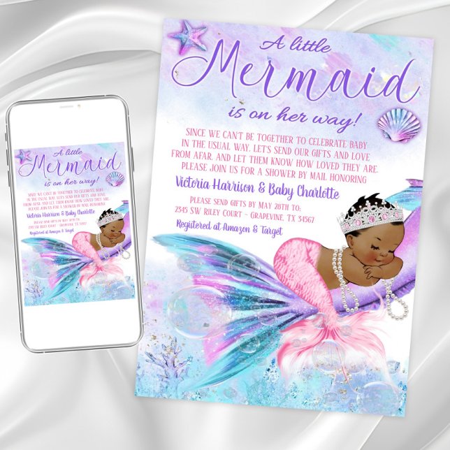 African Mermaid Long Distance Baby Showroom by Mai Einladung (Cute mermaid baby shower invitation. Instant download and printed invitations available.)