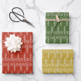 African Mud Cloud Red Green Gold Glitzer Set von 3 Geschenkpapier Set