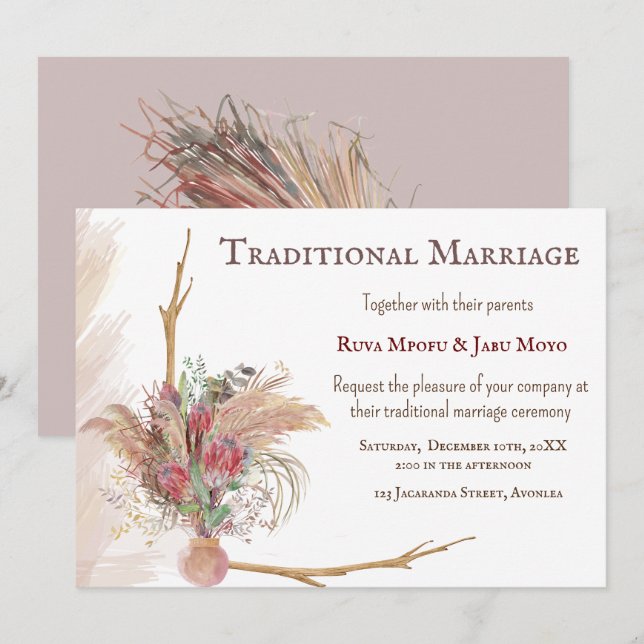 African Pampas Protea Akzent Traditionelle Hochzei Einladung (Vorne/Hinten)