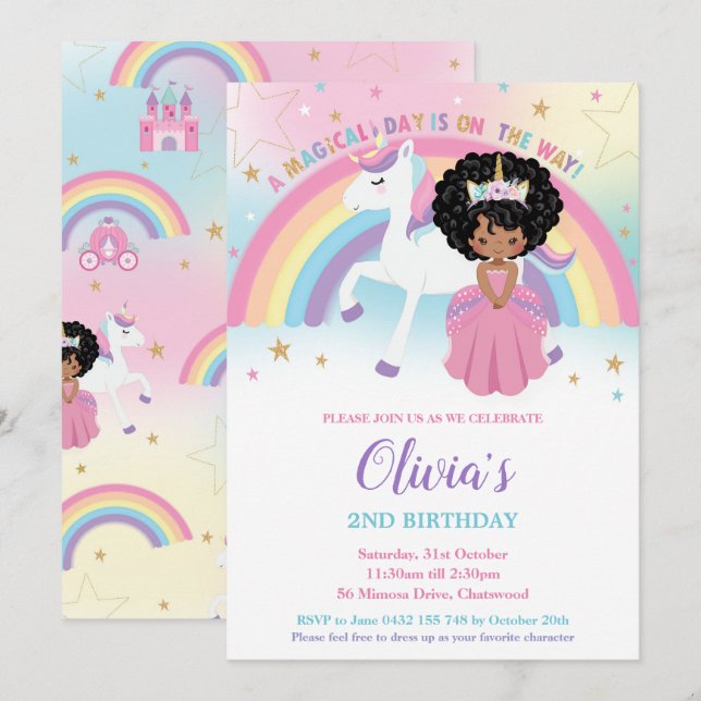 African Princess Unicorn Birthday Party Rainbow Einladung (Vorne/Hinten)