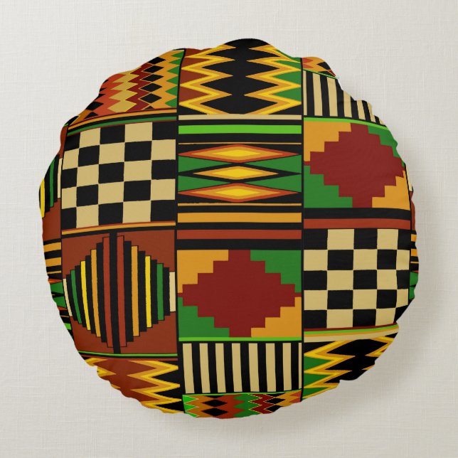 African Royal Kente Cloud Design Rundes Kissen (Rückseite)