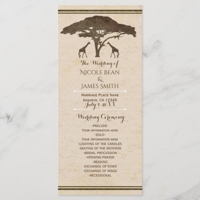 African Safari Giraffes Vintage Wedding Programme (Devant)